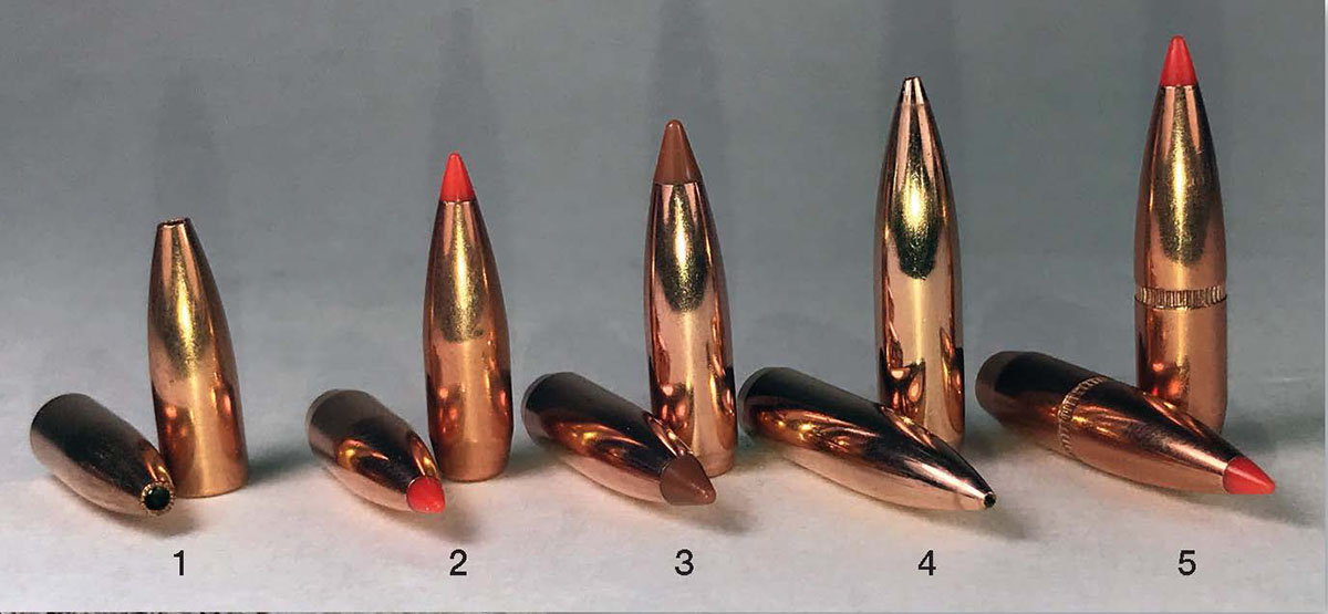 This lineup of bullets was fired in the Howa MiniAction 6.5 Grendel. They include the (1) Sierra 85-grain Varminter HP, (2) Hornady 95 V-MAX, (3) Nosler 100 Ballistic Tip, (4) Norma 100 Match HP and the (5) Hornady 123-grain SST.